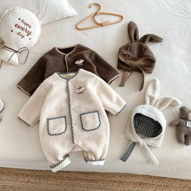 New Autumn Winter Baby Girl Boy Romper with Bunny Hat Cute Pocket Design Warm Infant Long Sleeve One-Piece Jumpsuit B5066