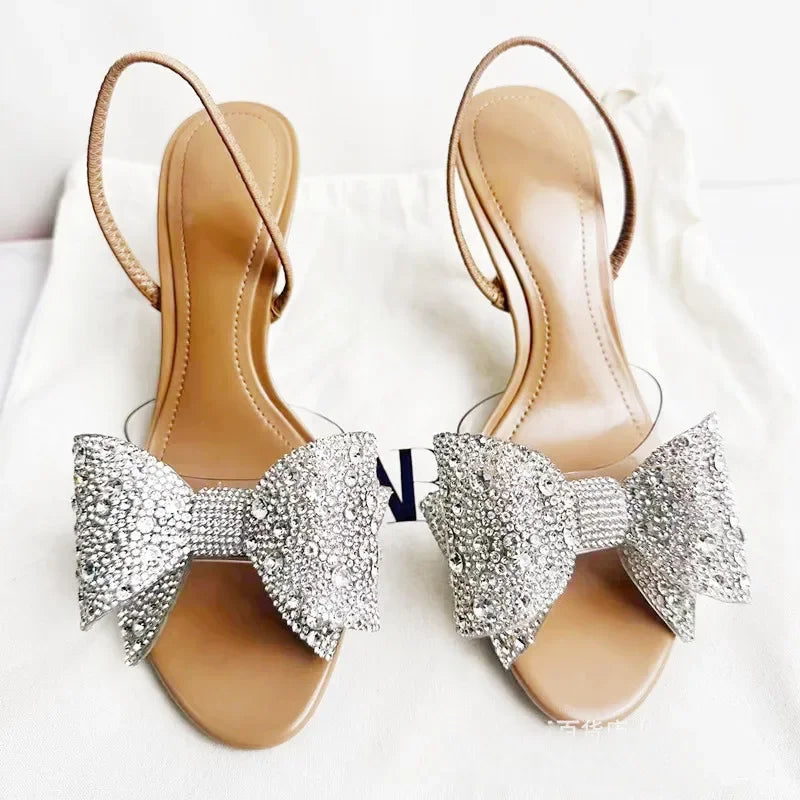 Luxury Glitter Rhinestone Bow Designer Heeled Sandals Women Summer Peep Toe Back Strap High Heels Elegant Party Wedding Shoes