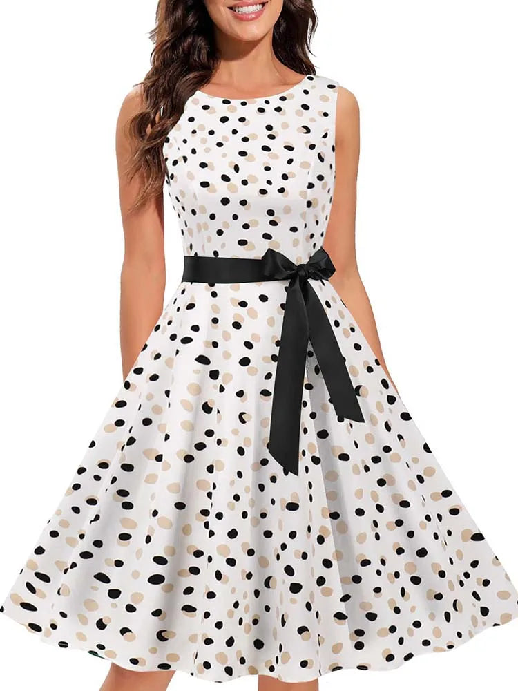 Sleeveless Floral Print Summer Dress Women Elegant Vintage Casual O Neck A Line Midi Party Sundress Vestidos With Belt