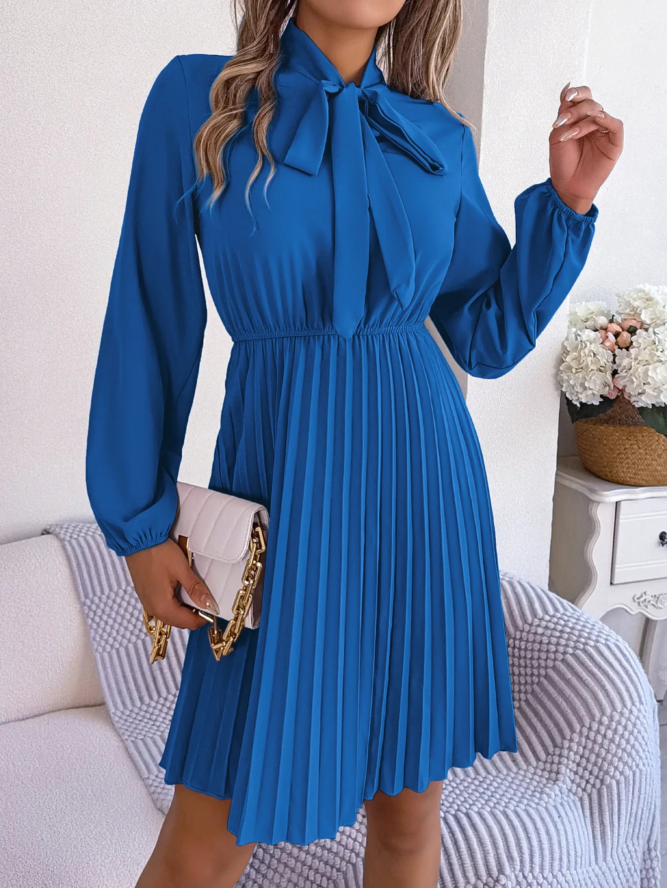 Women Fall Vacation Elegance V Neck Solid Tie Waist Ruffle Hem Pleated Midi Dress Long Sleeve Wedding Dress