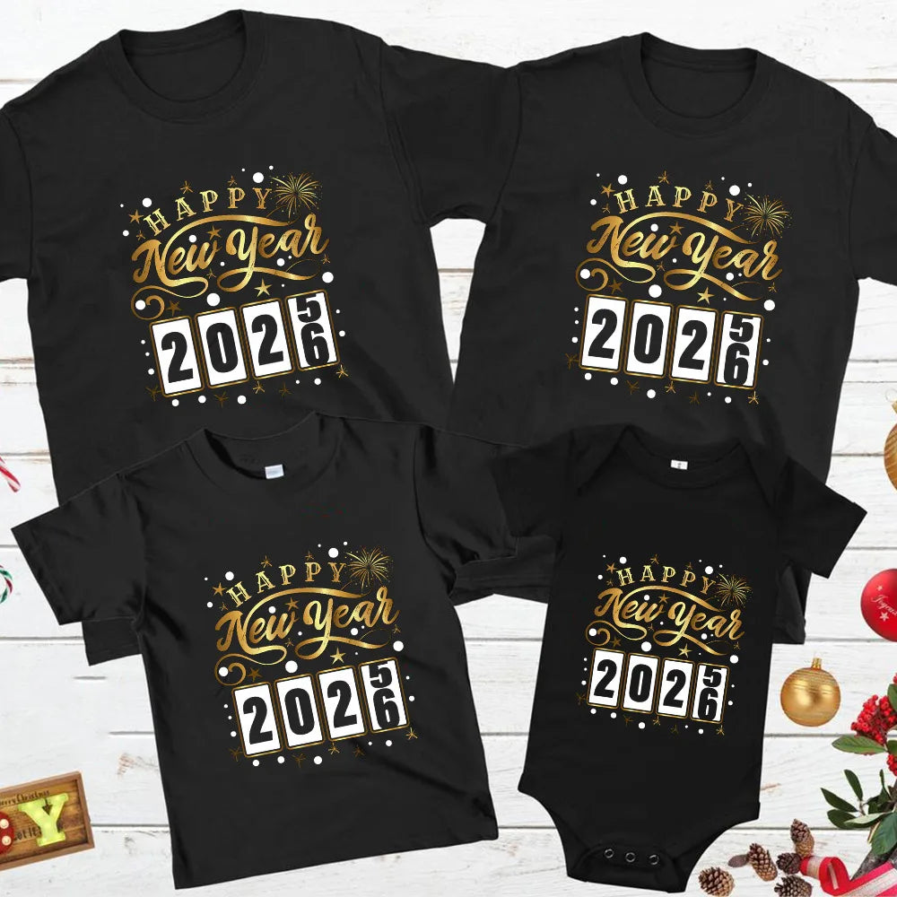Happy New Year 2026 Family Clothing Dad Mom & Kids Round Neck Tee Baby Bodysuit Hello 2026 New Year Family Look