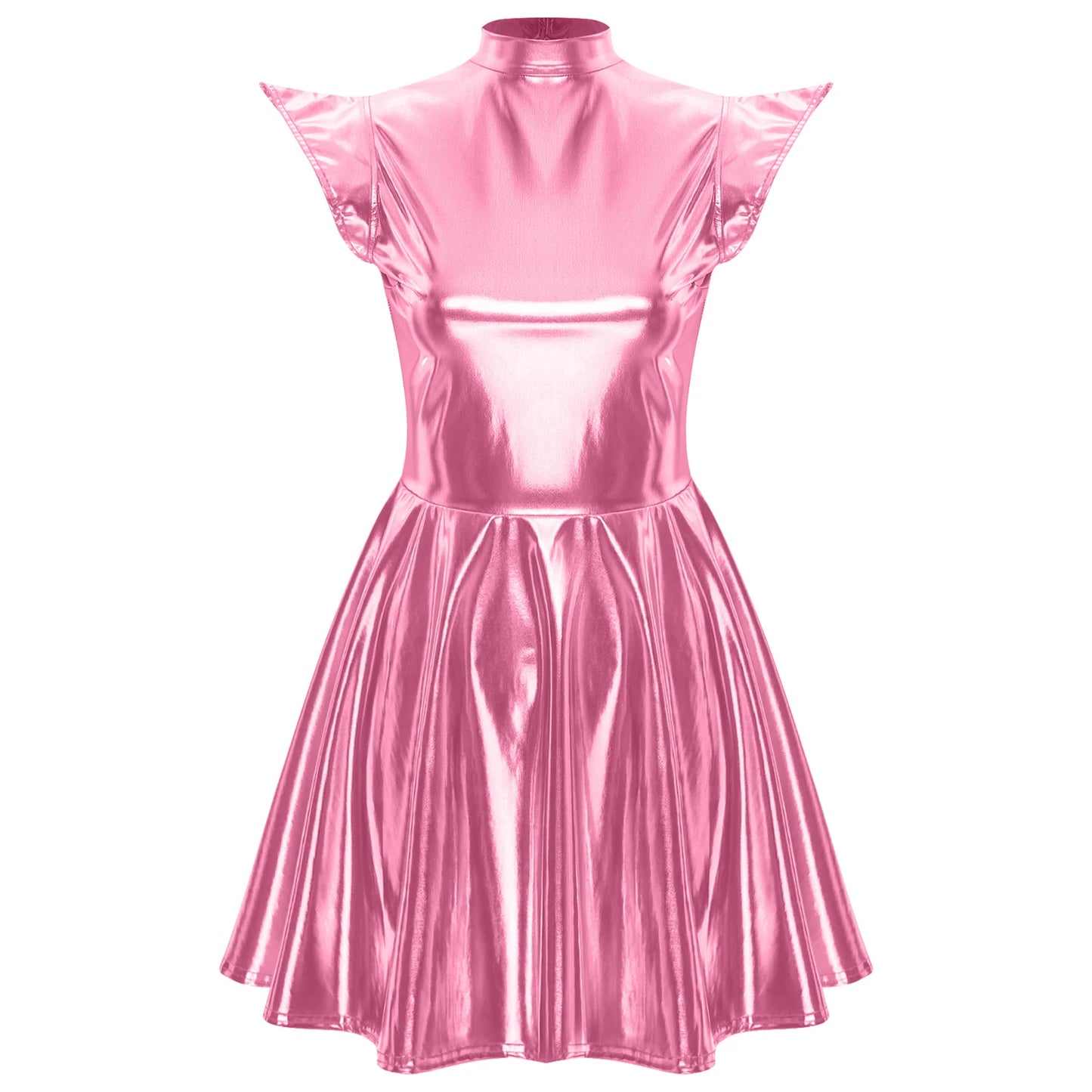 Womens High Waist A-line Dress Shiny Metallic Mock Neck Cap Sleeve Dress Modern Pole Dance Rave Party Bar Club Wear Street Wear