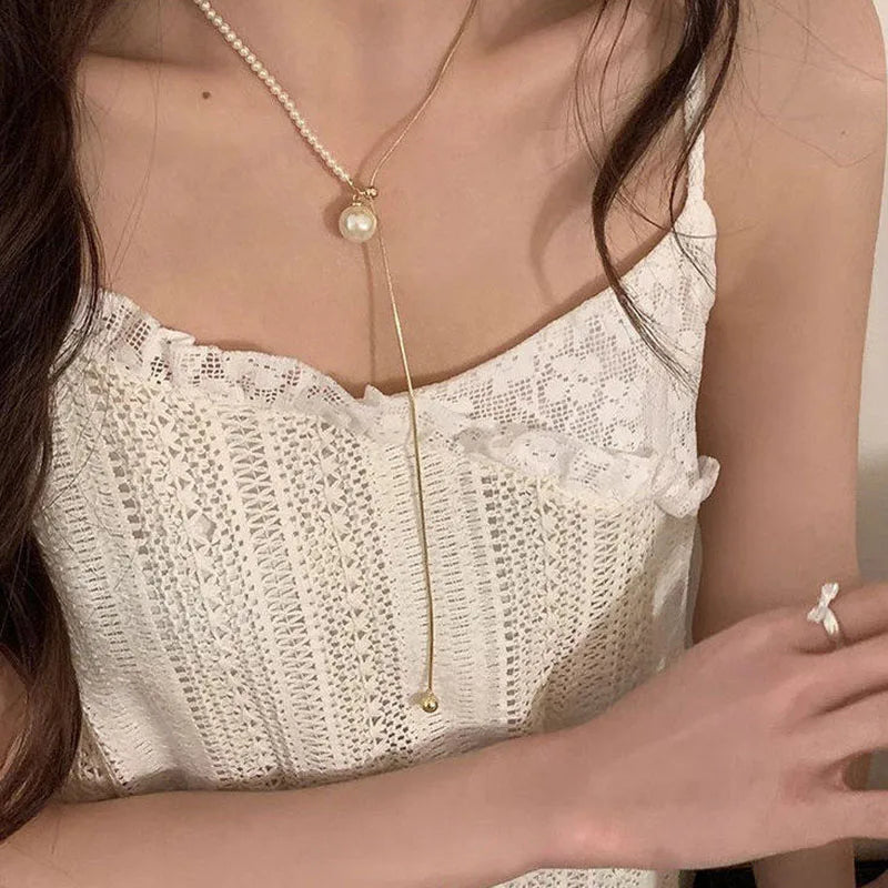 Chic Pearl Lariat Necklace Gold Chain Adjustable Minimalist Sweater Chain Jewelry for Women Statement Neck Jewelry Accessory New