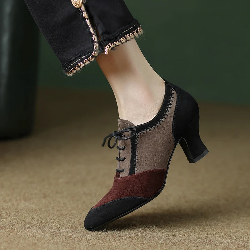 2025 New Spring Autumn Retro Mature Women Pumps Office Ladies High-heeled Lace-Up Genuine Leather Suede Shoes Woman High Quality