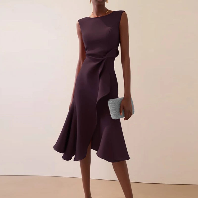 Sexy Women Elegant O Neck Solid Commute Knot Slim Ruffled Irregular Summer Sleeveless A-Line Hight Split Wedding Party Dresses