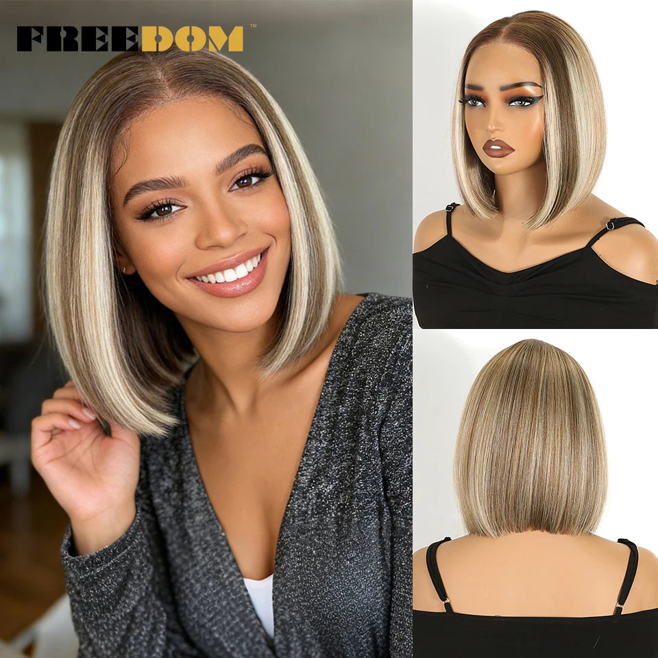 FREEDOM Synthetic Lace Front Wigs For Women 10 inch Short Bob Wig 13x3 Pre Plucked Natural Hairline Ombre Brown Blonde Lace Wig