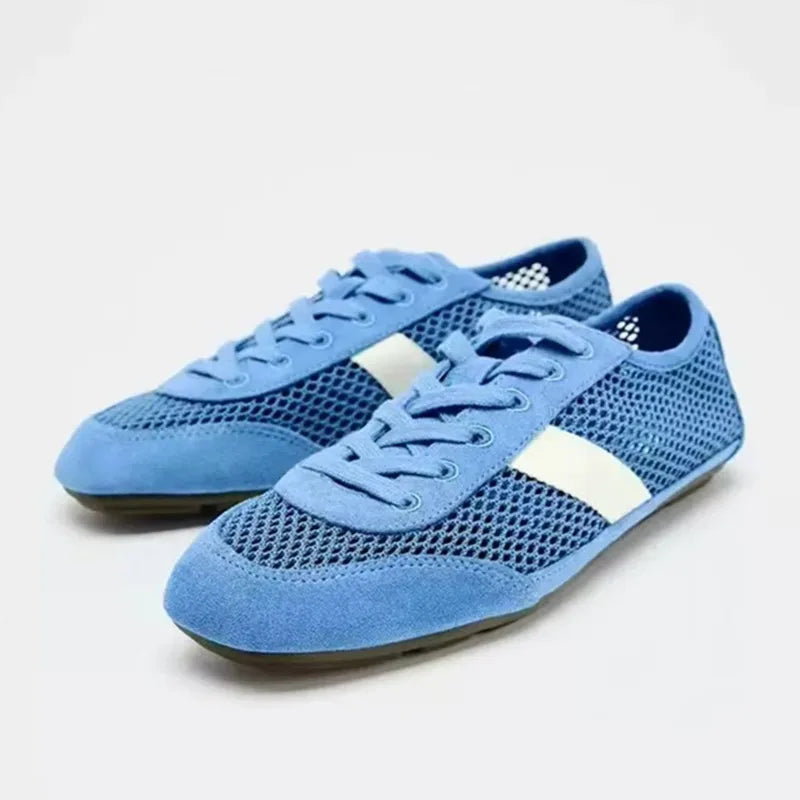 Mesh Breathable Lacing Flat Sneakers Women Lightweight Hollow Derby Sports Shoes Summer Autumn Running Shoes Cozy Ballet Flats
