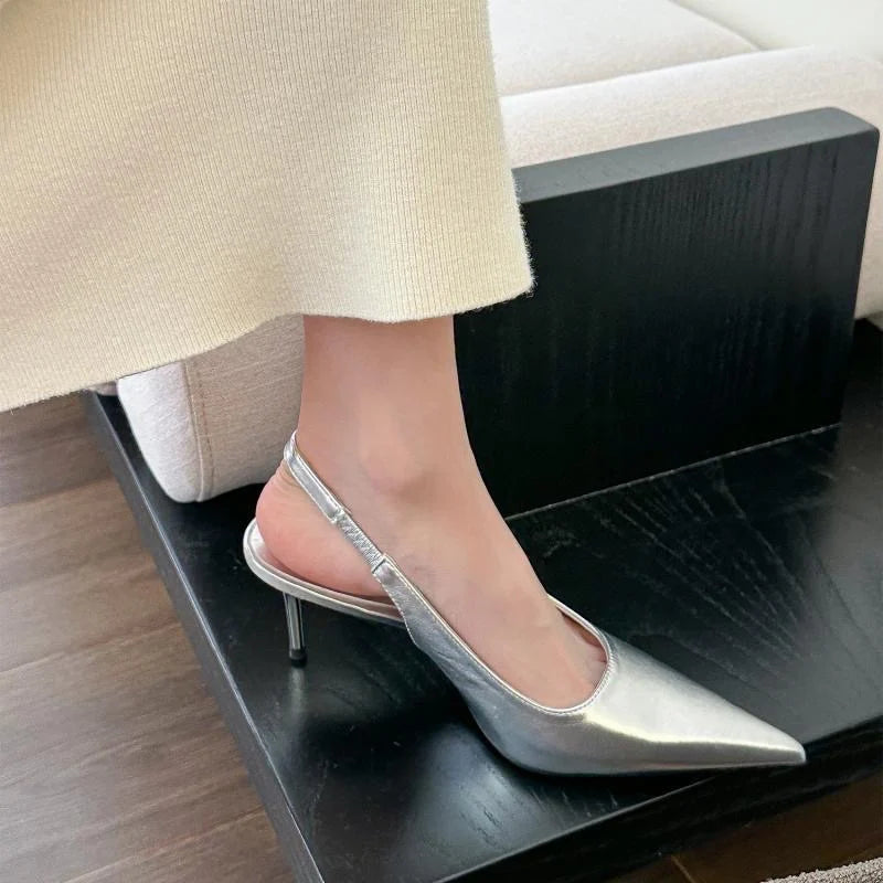 Elegant High Heels Silver Pumps Women Summer Slingbacks Pointed Toe Party Shoes Woman Solid Thin Heeled Sandals Ladies