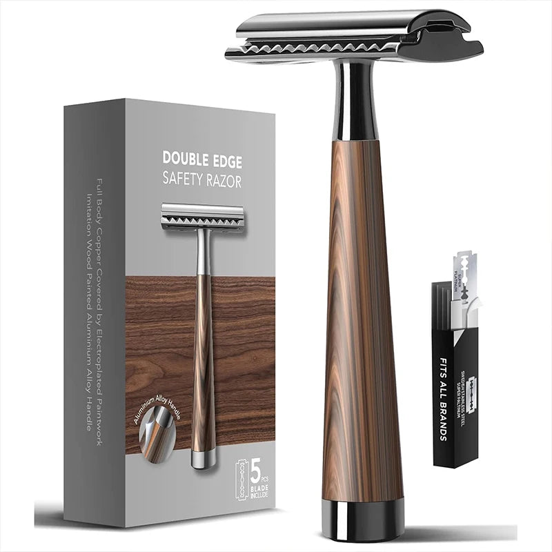 Advanced Double Edge Safety Razor Faux Wooden Handle Heavy Duty High Quality Men's Shaving Tools Including Gift Box With 5 Blade