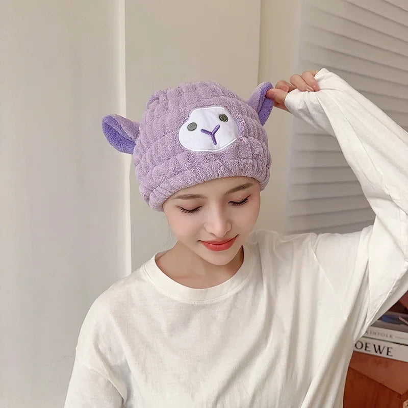 Coral Fleece Cartoon Kids Hair Drying Hat Animal Embroidered Shower Cap Absorbent Quick Dry Tape Cute Bathroom Accessory Soft