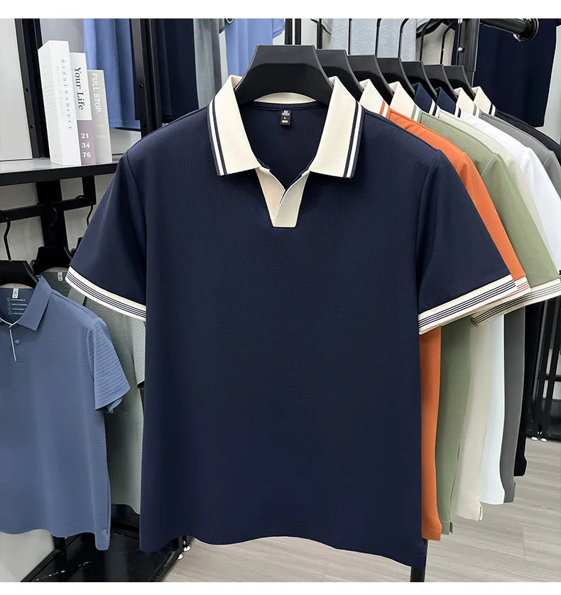 Light luxury summer new short sleeve polo shirt silky breathable high-end men's fashion personalized color blocked lapel T-shirt