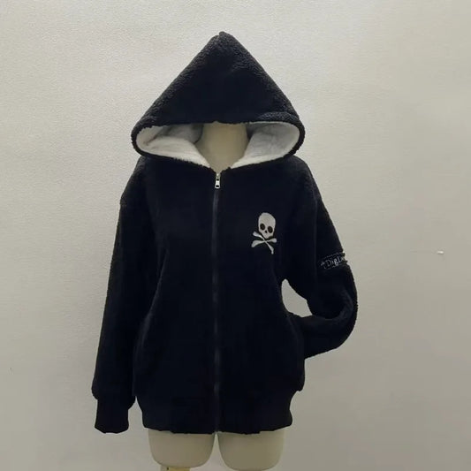 Lamb Wool Jackets Women Gothic Y2k Hoodies Cross Skull Grunge Zipper Sweatshirts Vintage Casual Hooded Coats Harajuku Streetwear