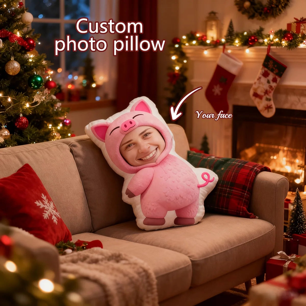 Upload Your Own Photos or Photos of Others to Customize a Pink Pig-Themed Pillow. Whether You Give It to Friends, Family, Loved Ones, Brothers and Sisters, or as a Gift, It Is Very Suitable. It Not Only Decorates the Living R