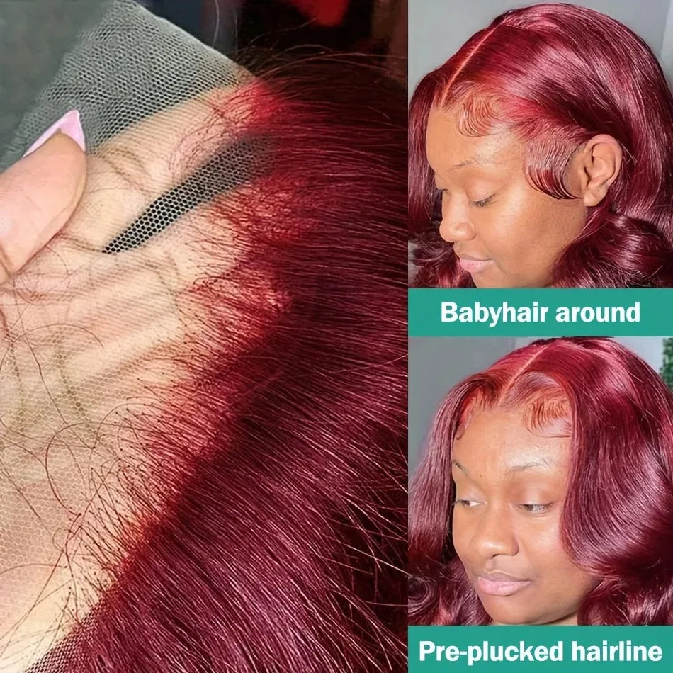 28 Inch 13x4 Burgundy 99J 200 Density Body Wave Lace Frontal Wigs Transparent Lace Pre plucked Human Hair wigs For Women