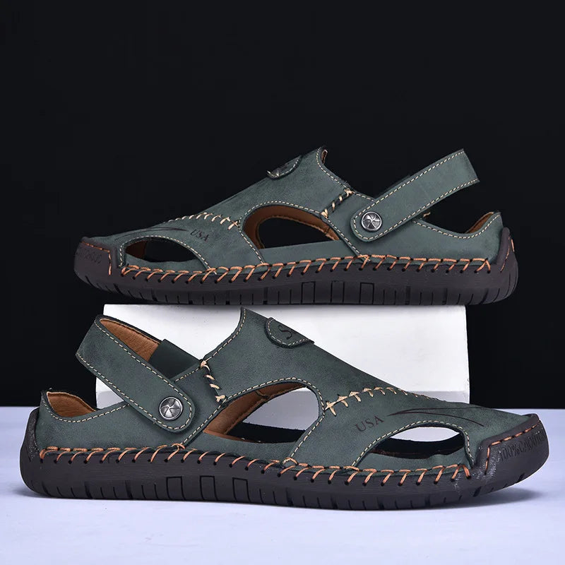 New Handmade Summer Sandals Men Breathable Leather Shoes Man Outdoor Men Sandals Antiskid Beach Sandals Hollow Shoes Fashion