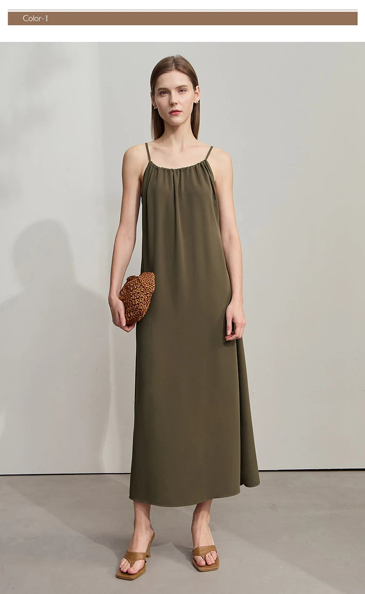 AMII Minimalist Office Lady Dress Women 2025 Summer Female Sleeveless U-neck Solid Adjustable Shoulder Strap Dresses 12542192