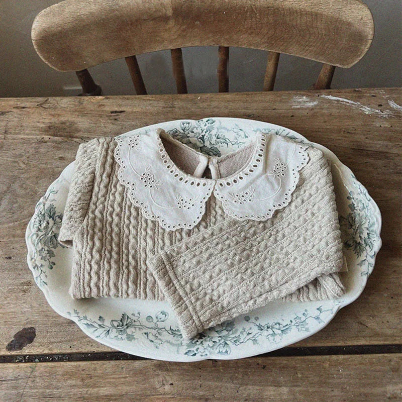 Baby Girl Sweet Lace Peter Pan Collar Tops Winter Fashion Ribbed Thickened Bottoming Tops Girls Simple Cotton Knitwear Tees