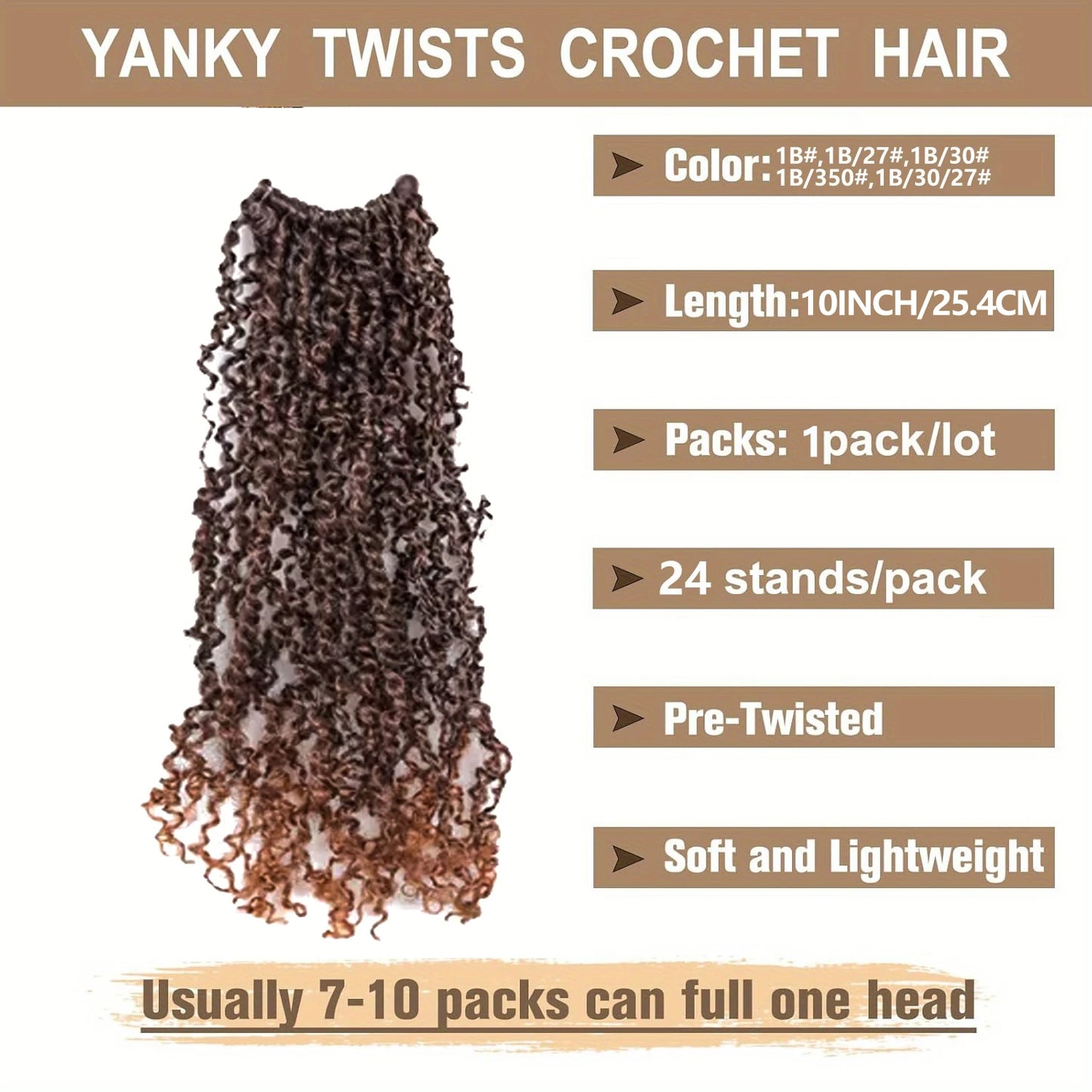 1 Pack 10 Inch Pre-Looped Yanky Twists Crochet Synthetic Braids Hair Textured Hairstyle, Elegant Hairstyle Easy Application