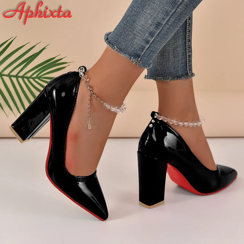 Aphixta Crystal Glass Ball 3.94inch High Square Heels Pumps Women Transparent String Bead Chain Strap Shoes Big Size 50 53
