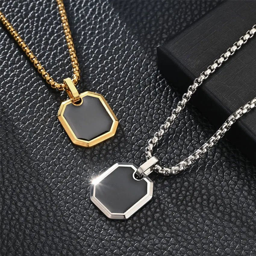Hiphop Men's Black Onyx Square Pendant Necklace Tarnish Free Stainless Steel Custom Logo Jewelry For Gift