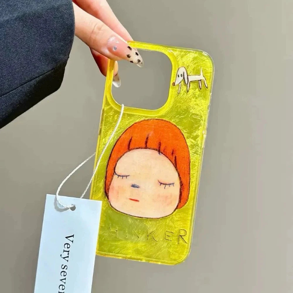 Advanced Red Background Sitting Girl Illustration Case for iPhone 16 15 14 13 12 11 Pro Max X Xs XR XSMax 8 Plus Feather Texture