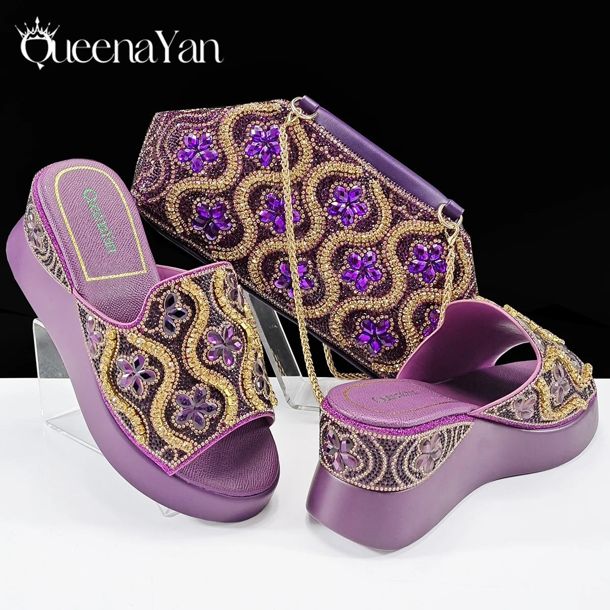 Queena Yan Popularity Open Toe Luxury Fashion Women High Heels Shoes and Bags Set With Rhinestone for  Wedding Party Elegant