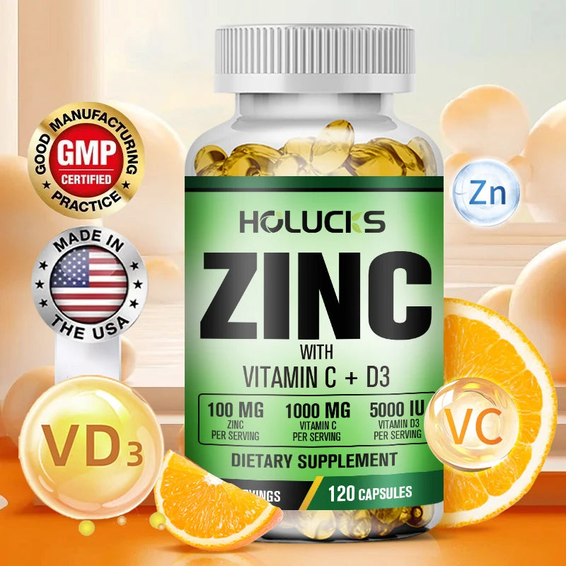 Zinc Complex Supplement, Vitamin C, Support Collagen, Antioxidant, Boost Immune, Improve Sleep & Energy, Premium Capsules