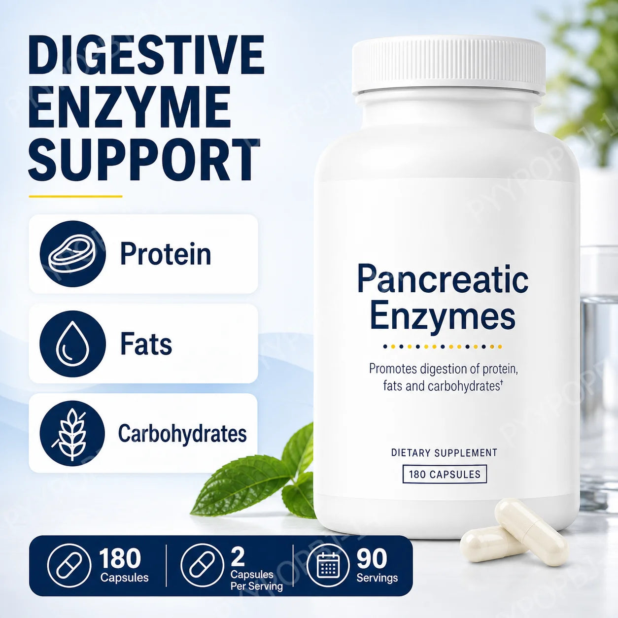 Digestive Enzyme Supplement 180 Capsules Pancreatic Enzyme Blend Protease Amylase Lipase Supports Protein Fat Carb Digestion
