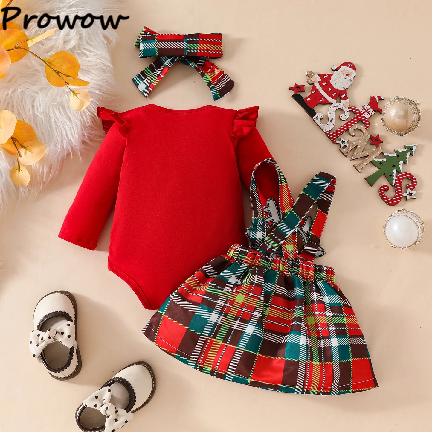 Prowow Baby Girls Christmas Outfits Set Red Bodysuit+Plaid Deer Suspender Dress Set 3pcs My First New Year Costume For Baby 2026