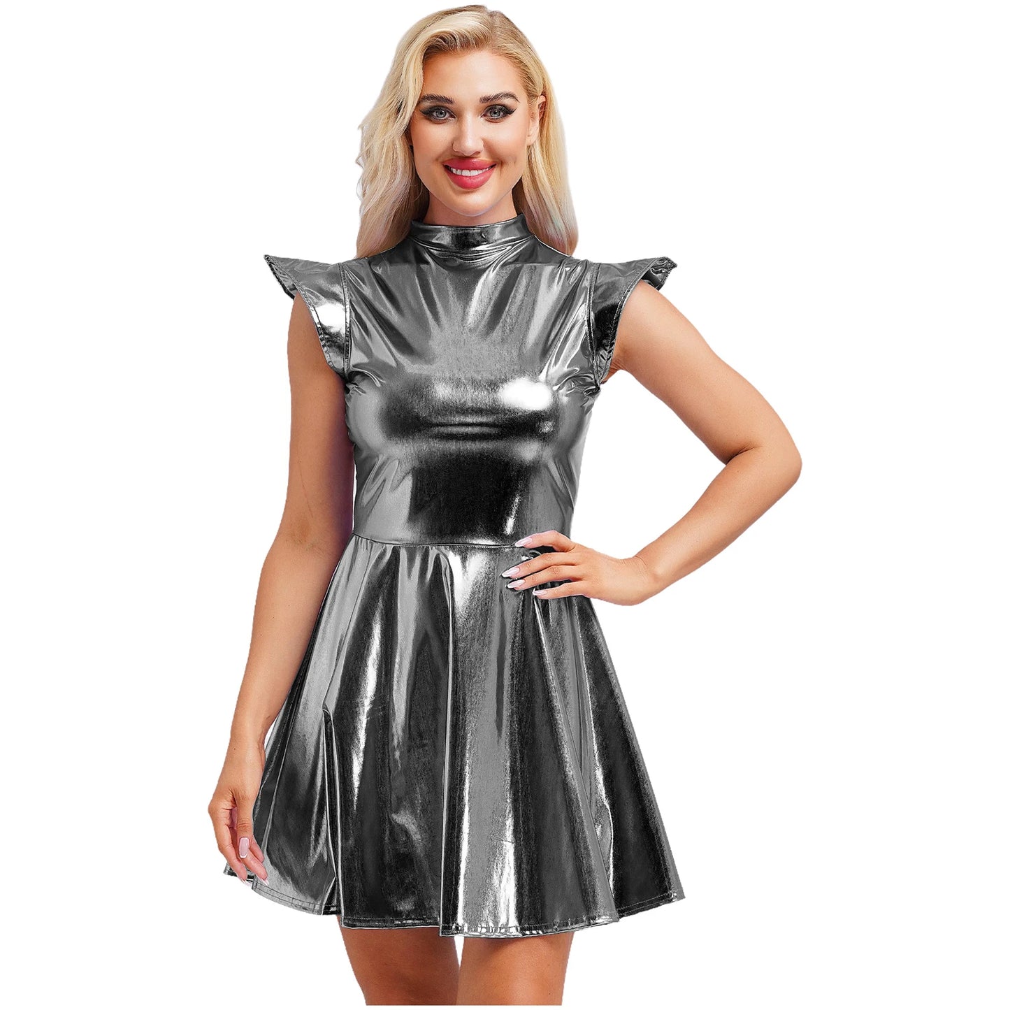 Womens High Waist A-line Dress Shiny Metallic Mock Neck Cap Sleeve Dress Modern Pole Dance Rave Party Bar Club Wear Street Wear