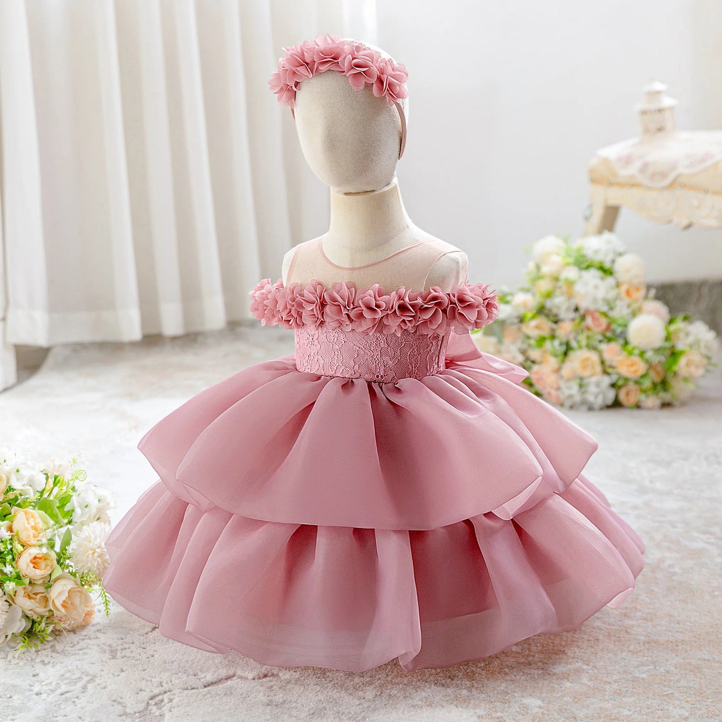 Elegant Flower Bridesmaids Party Baby Girls Dress Toddler 1st Birthday Wedding Princess Dress for Girl Bow Christening Prom Gown