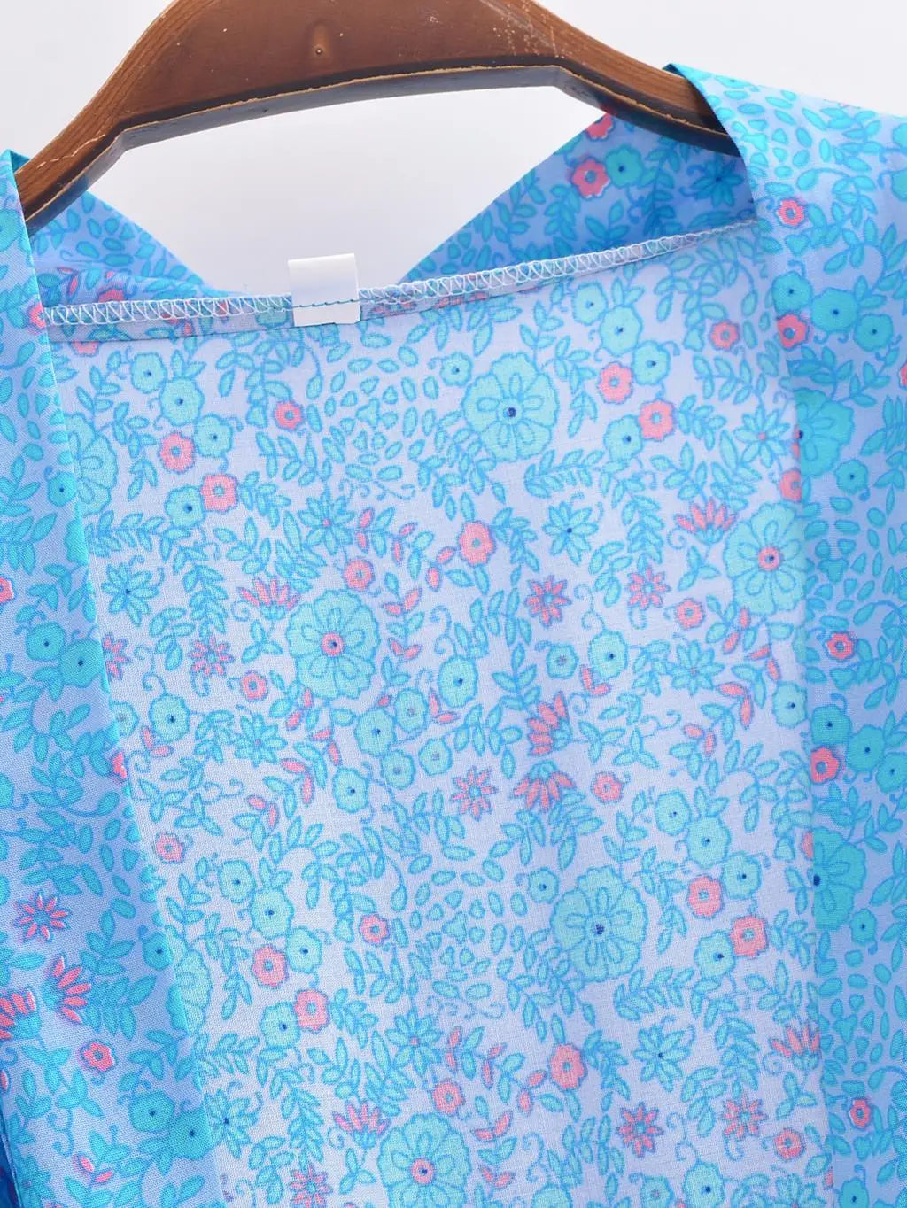 BOHO Women Blue With Pink Flower Print Kimono Shirt Holiday Tide Bow Sashes Mid Long Cardigan Summer Blouse Beach Cape