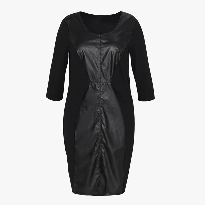 Plus Size Elegant Office Dress Women Quarters Sleeve Knee Length Solid Black Pu Dress Ladies Large Size Sheath Spring Dress 6XL