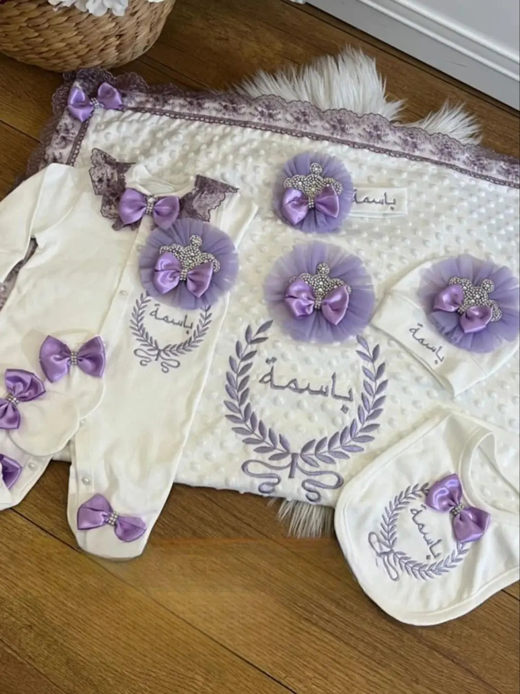 5pcs Newborn Baby Embroidery Lace Romper Outfit Clothing Cotton Infant Wrapped Baby Products Pants Mittens Receiving Blanket