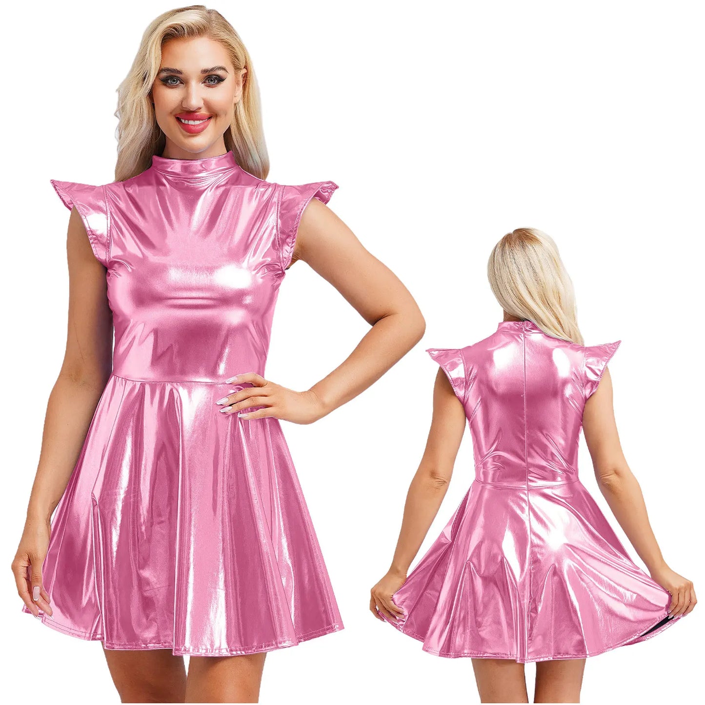 Womens High Waist A-line Dress Shiny Metallic Mock Neck Cap Sleeve Dress Modern Pole Dance Rave Party Bar Club Wear Street Wear