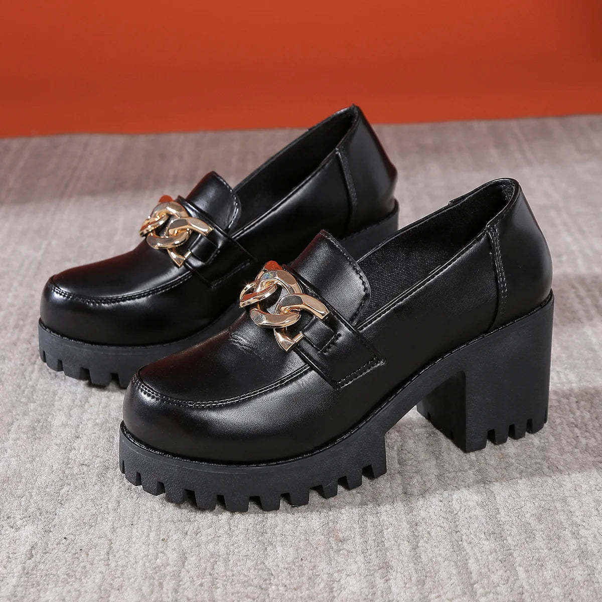 Women's Large Size Thick Heel Slip-On round Toe Leather Shoes Spring Autumn New Style Korean Style PU Leather Mid Heel