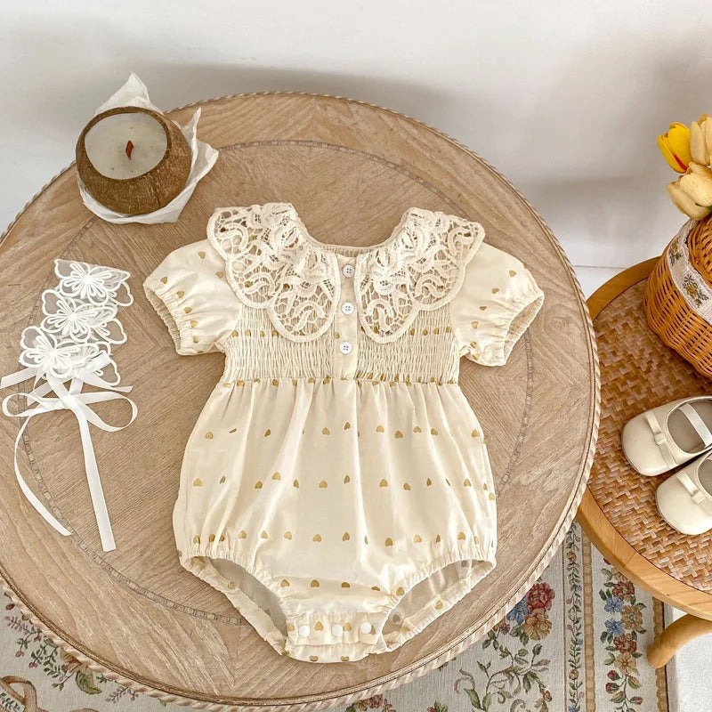 Summer new baby clothes for 0-3 years old, baby and girl big lace lapel love print short-sleeved jumpsuit