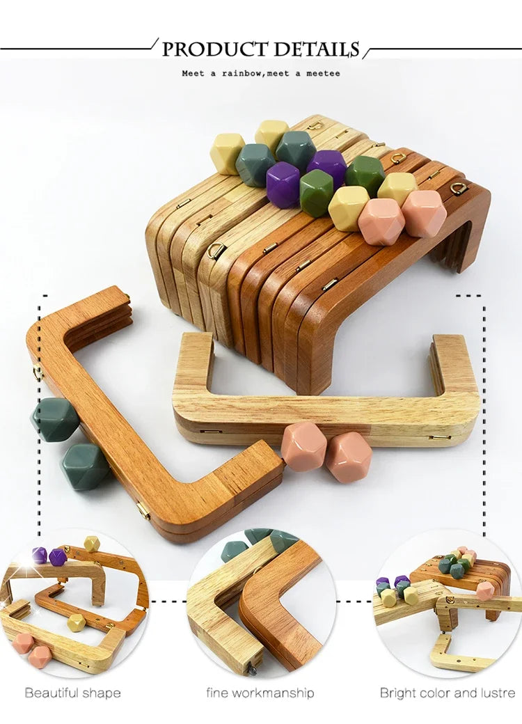 Deepeel 20cm Solid Wood Square Bag Handles Wooden Beads Kiss Clasp Locks Handbag Purse Frames Handle DIY Crafts Accessories