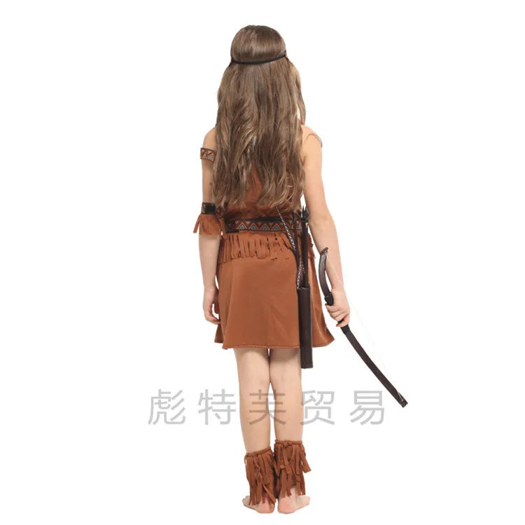 Halloween Kids Indian Cosplay Performance Costumes Primitive Activity Costumes Dress +Headdress+Waistband+Armband+Shoe covers