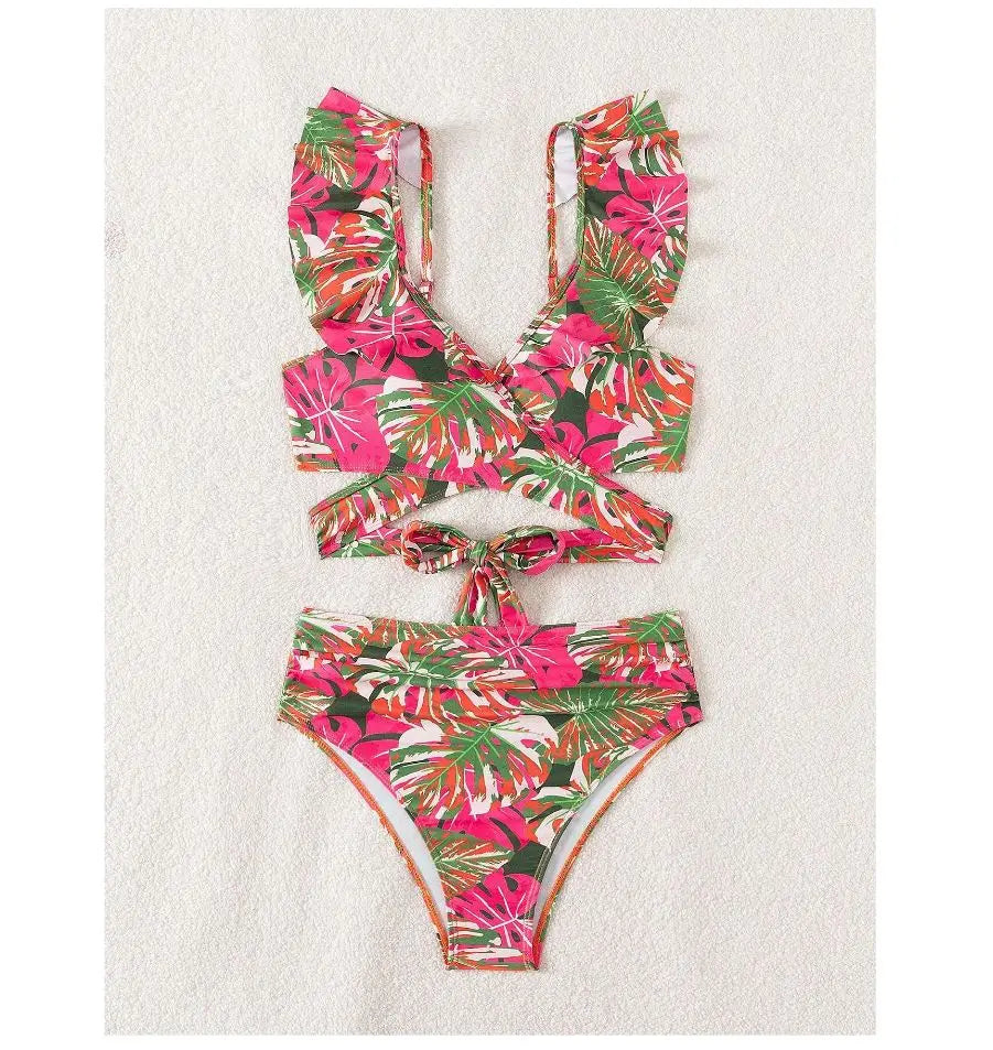 Cikini Summer Swimsuit For Women Tropical Print Ruffle Trim Summer Beach Bikini Set Summer Beach Swimwear Bathing Suit
