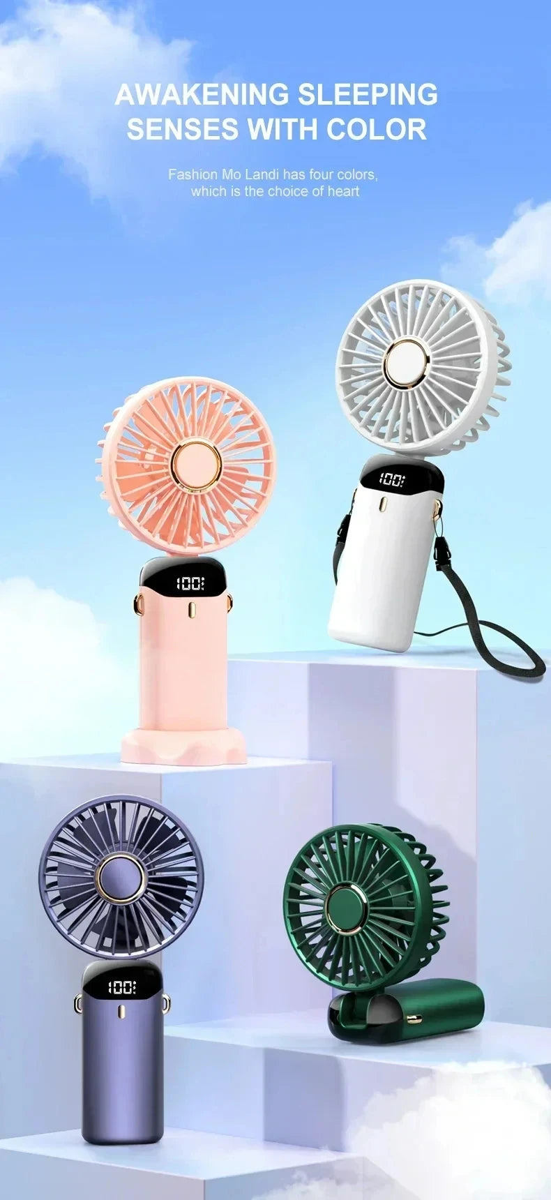 5-Speed Portable Handheld Mini Fan Foldable Neck Hanging Fans USB Rechargeable Fan with Phone Stand and Display Screen fan