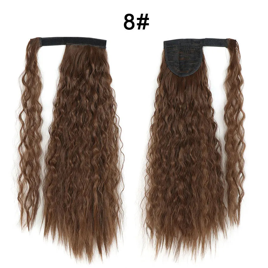 Synthetic Long Corn Wave Ponytail Extension Magic Paste Heat Resistant Wavy Wrap Around Ponytail Black Hairpiece for Women