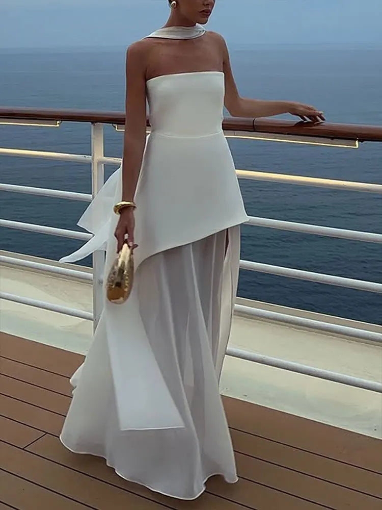 Summer New Women Dresses Streetwear Fashion Ribbon Zippers Split Maxi Dress Solid Sexy Sleeveless Strapless Lady Dress Clothing