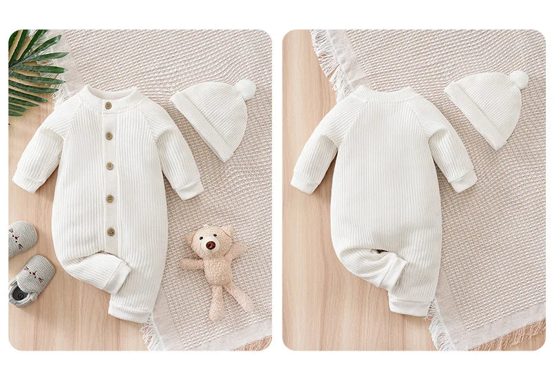 Spring and Autumn Knitted Newborn 2PCS Baby Onesie+Hats Minimalist Round Neck Button Comfortable Casual Raglan sleeve design
