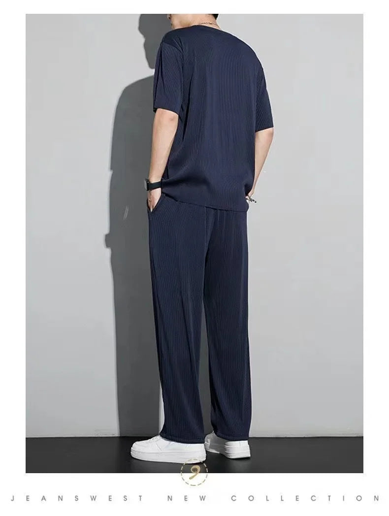 Men's Wrinkled Ice Silk Sports Set 2024 Summer New Short sleeved Long Pants Two piece Set Fashionable, Breathable, and Cool 3