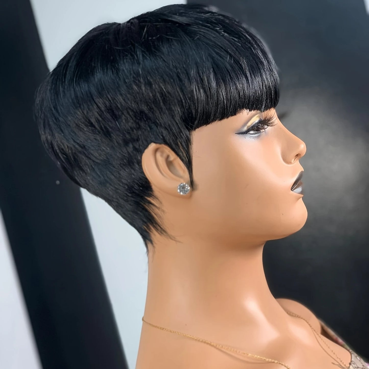 Pixie Cut wigs for Black Women Straight Human Hair Wigs with Bangs Natural 1B Color Wig Short Layered Full Machine Made Wig