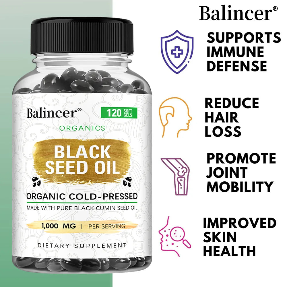 Organic Black Cumin Seed Oil 1000mg Capsules, Cold-Pressed, Immune & Hair Skin Support, Nutritive Antioxidants Non-GMO Vegan