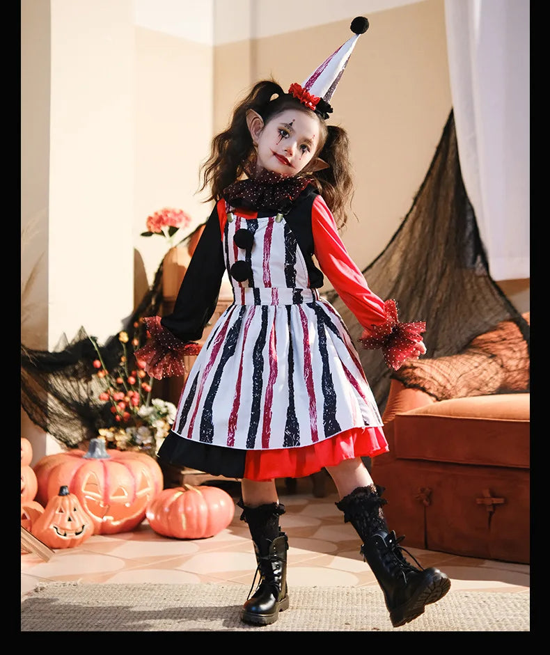 Halloween Cosplay Costumes Horror Clown Dresses Pants Headwear Clothes Sets Carnival Theme Party Role Playing Outfits for Girls