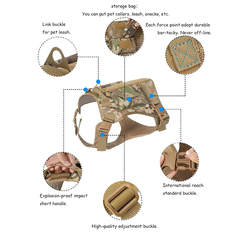 Tactical Dog Harness Adjustable Traning Dog Harness Leash Sets with Storage Bag for Large Dog Control Handle Cat Harness