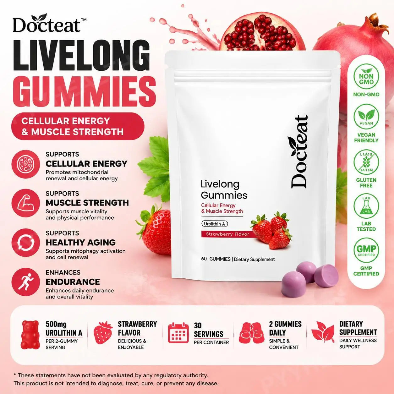 Docteat Urolithin A Gummies 500mg per Serving, Strawberry Flavor Daily Cellular Wellness Support, 60 Gummies for Men Women